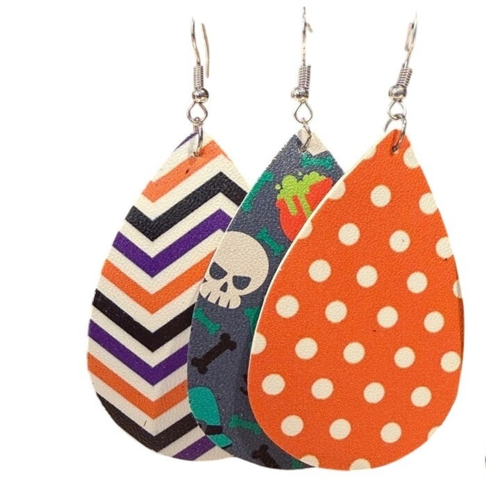 Halloween Faux Leather Teardrop‎ Earrings Set Pumpkin Skull Chevron Orange White